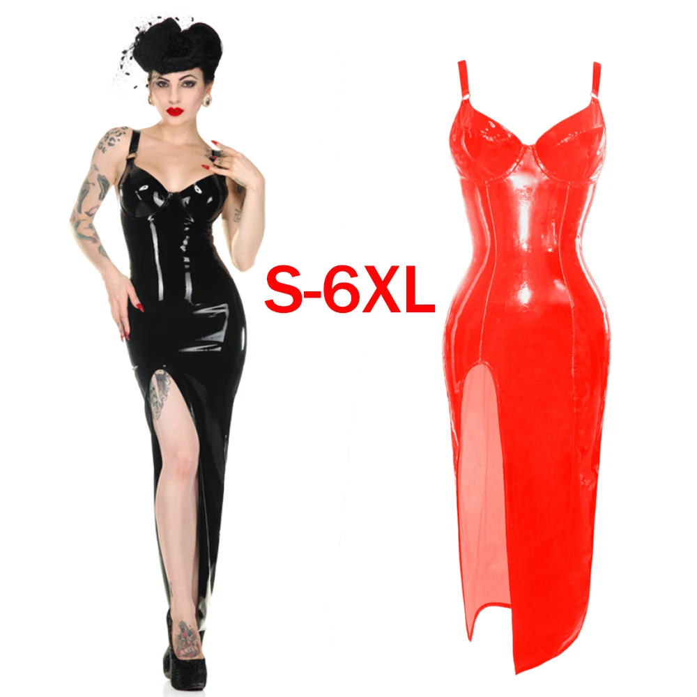 

Plus Size Black/Red PVC Long Dress Women Gothic Gown Sexy Dress Deep V Neck Clubwear Wetlook Style Sleeveless Dress S-6XL