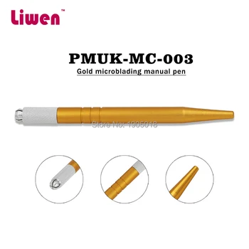 

Hot sale 100pcs/lot Gold color microblading pen for eyebrow tattoo embroidery stylo free 10pcs micro blades 11pin needles