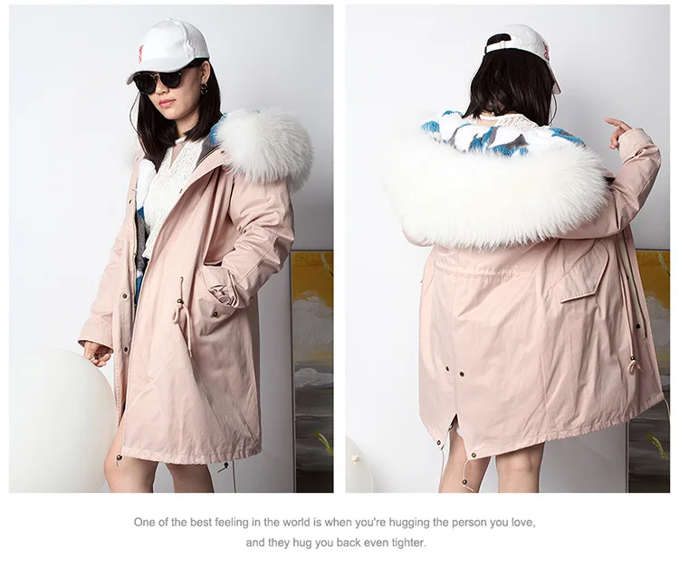 YMOJNV 2019 Модные женские с натуральным кроличьим мехом лайнер розовая ракушка зимняя куртка пальто натуральный мех енота меховой воротник