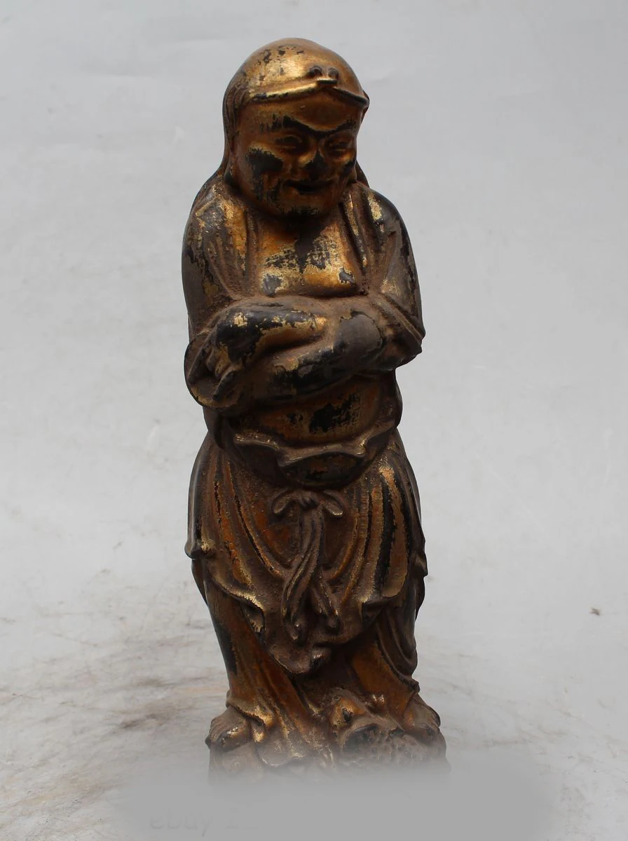 

11 China Wood carve Liu Hai God Play Golden Toad Spittor Wealth Statue Sculpture