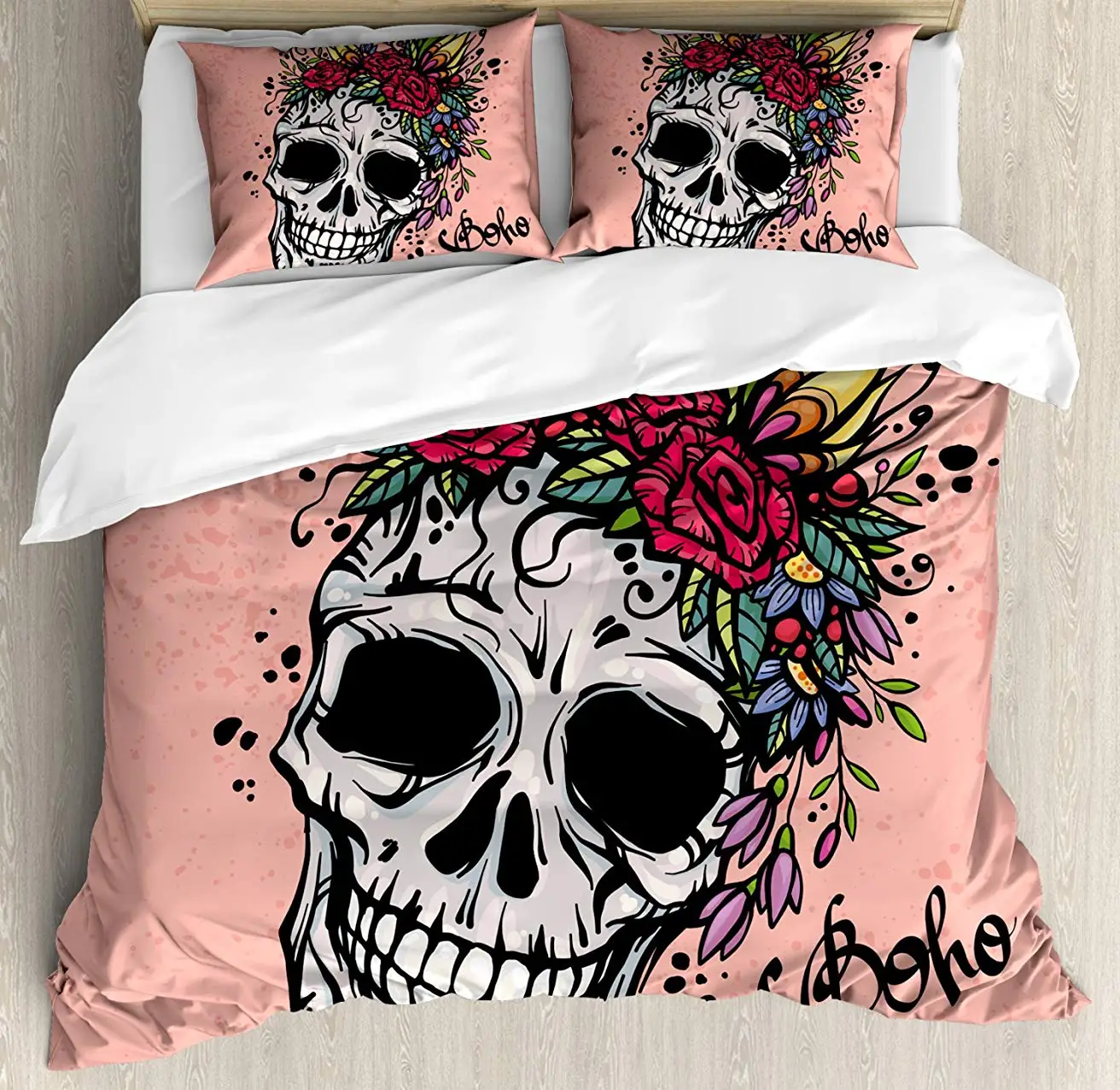 

Rose Duvet Cover Set Day of the Dead Inspired Design of a Skull with Festive Floral Wreath Boho Style 3 Piece Bedding Set