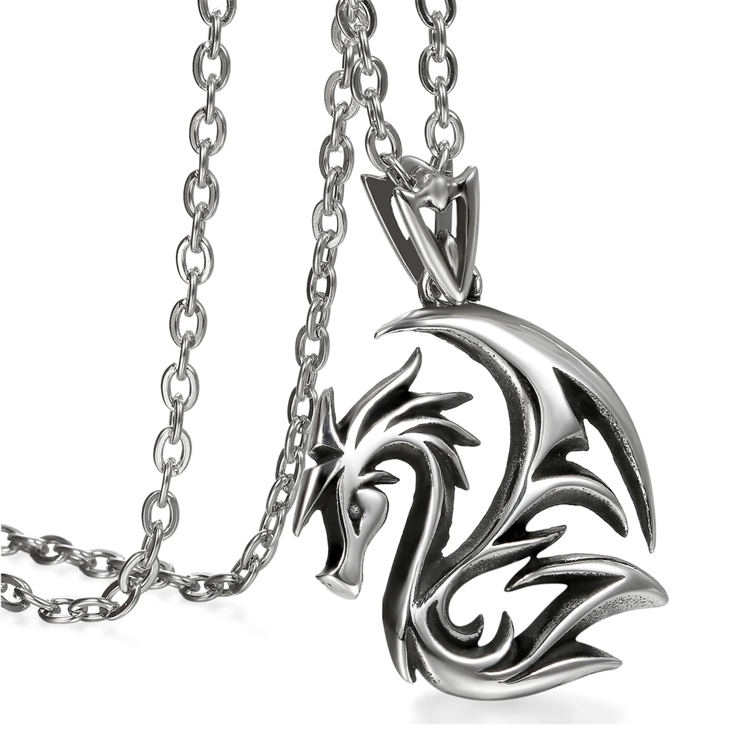 

BONISKISS Mens Gothic Dragon Stainless Steel Pendant Necklace, Black Silver Color with 55CM Chain
