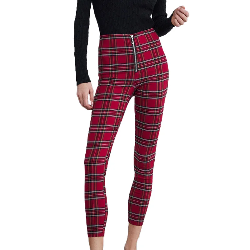 Spring 2019 casual skinny pants women high waist pants plaid womens clothing red pencil pants