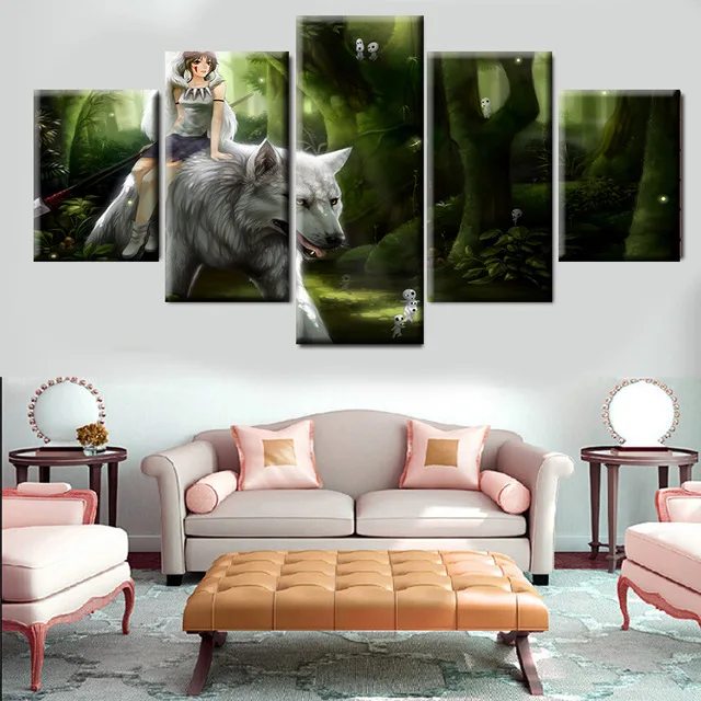 5-Panel-Cartoon-Princess-Mononoke-Riding-The-White-Wolf-Modern-Home-Wall-Decor-Canvas-Picture-Art.jpg_640x640