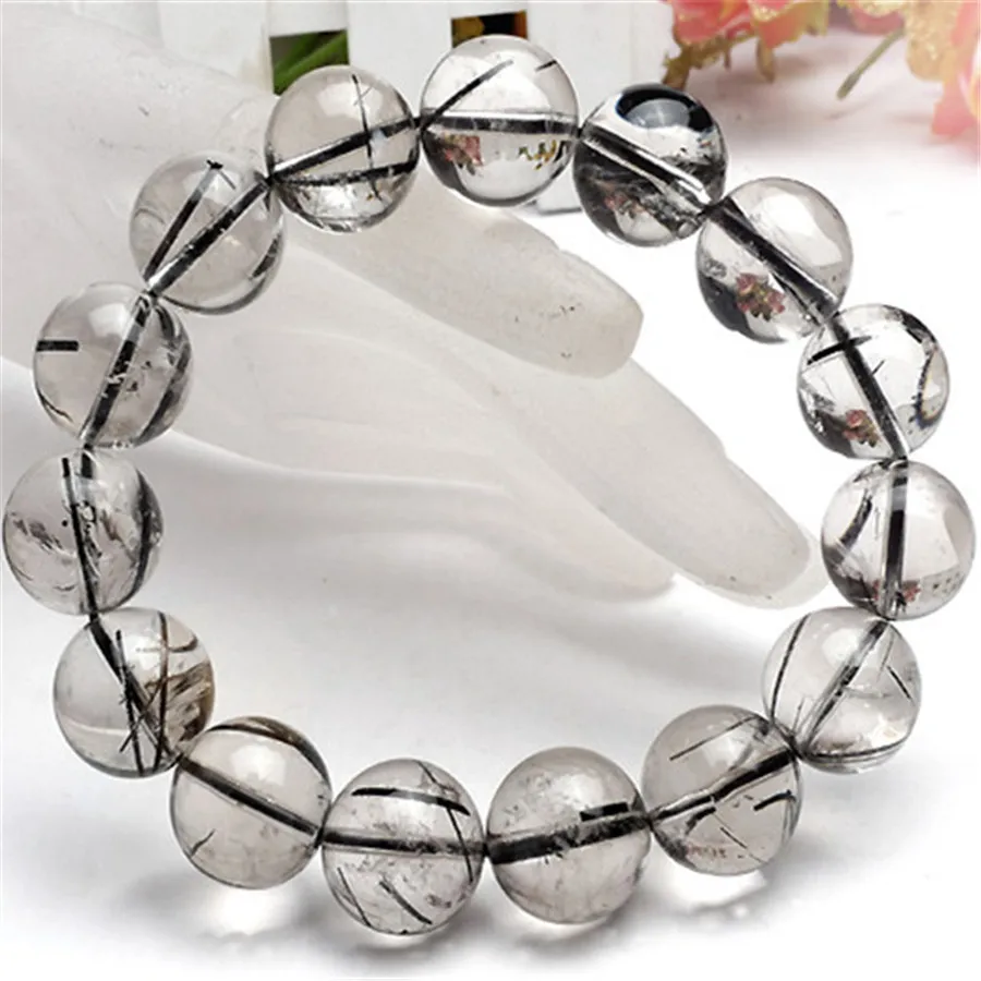 14mm Big Crystal Round Beads Bracelet Genuine Natural Black Hair