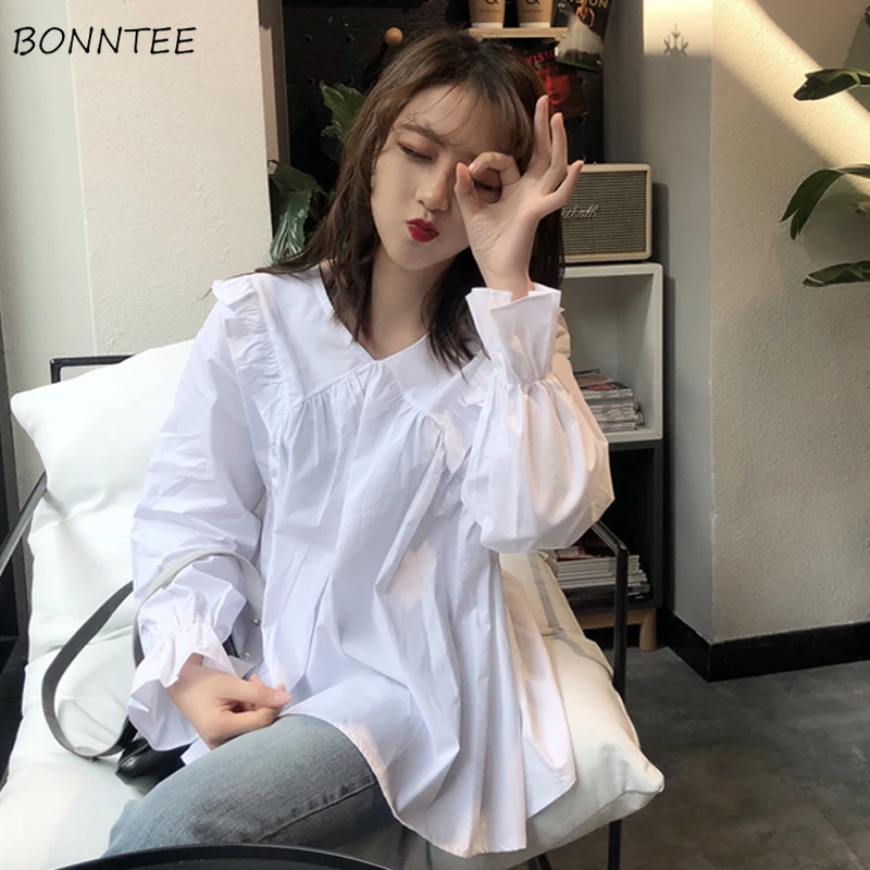 

Shirts Women Simple Solid Sweet Ruffles Trendy Korean Style Trendy Red Clothing V-Neck Leisure Womens All-match Female Shirt