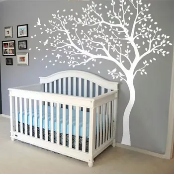 

Nursery White Tree Wall Decal Huge Tree Vinyl Wall Sticker Nursery Tree and Birds Wall Mural Nature Style Kids Room Decor AY1335