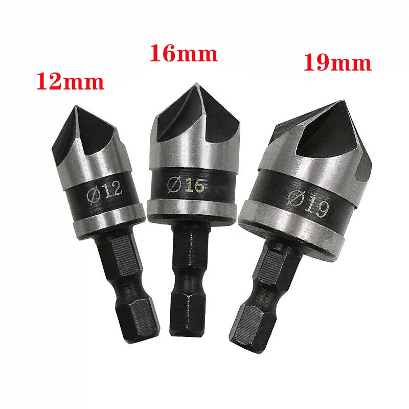 

3pcs 5 Flute Countersink Drill Bit Set 90 Degree Chamfering Cutter Countersink Bit For Wood Metal 12/16/19mm
