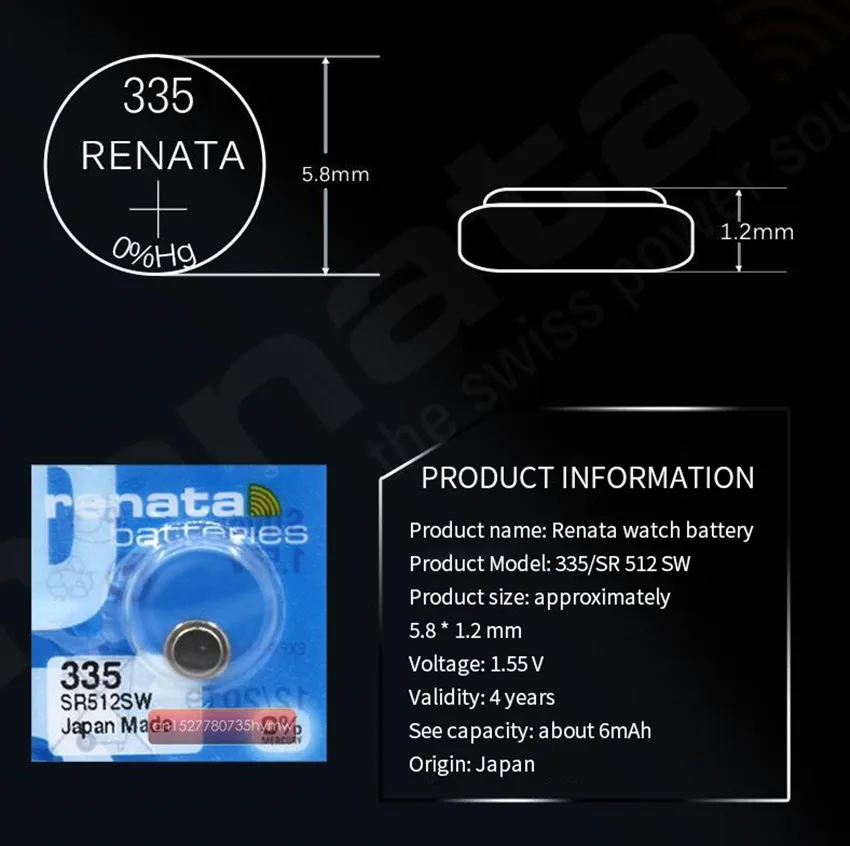 1 шт. в упаковке оригинальные Renata Швейцарский аккумулятор 335 SR512SW 55 V для