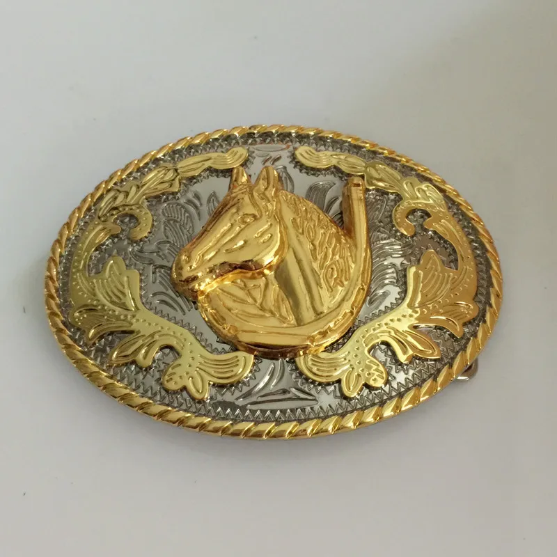

Retail Western Cowboy Belt Buckle High Quality Oval Cool 3D Lace Gold Horse Head Metal Buckles With Men Women Belt Accessories