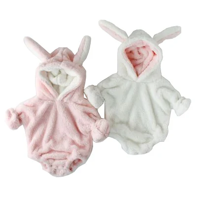 

Winter Plush Pink White Rompers Rabbit Ears Hood Fancy Long Sleeve Sunsuit for 0-18M Newborn Baby Girl Onesies