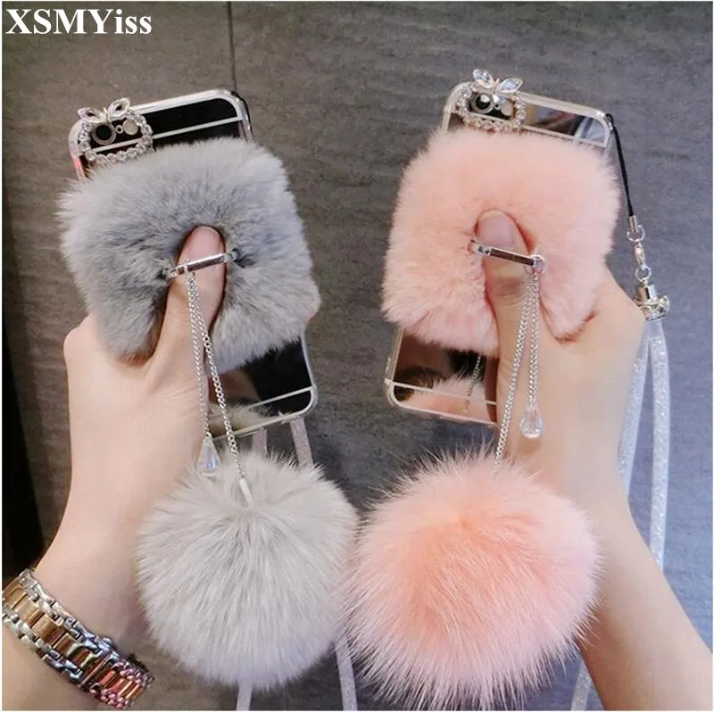 

For Samsung S6 S7 S8 S9 S10 PLUS Lite Note 5 8 9 10 Rabbit Fur Diamond Fing Ring Stand Mink Hairball Ball Mirror Soft Phone Case