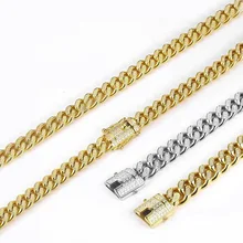 Позолоченное мужское женское кубинское ожерелье-цепочка из нержавеющей стали в стиле хип-хоп, украшенное стразами, двойные защитные застежки 61 см 10-18 мм