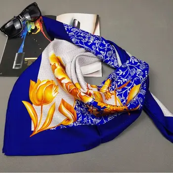 

Temperament Floral Print 100% Silk Twill Scarf Shawl Wraps Women's Square Silk Scarves 90x90cm Charming Accessory