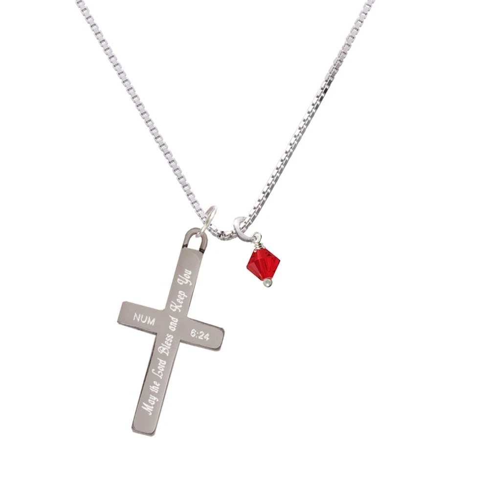 July - Red - 6mm Crystal Bicone - Bless and Keep You - Cross Necklace