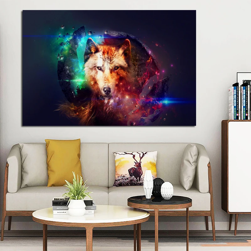 

Wolf Colorful and Stars Wall Decorative Painting Canvas Art Print Poster For Living Room Animal Art Modular Pictures Unframed
