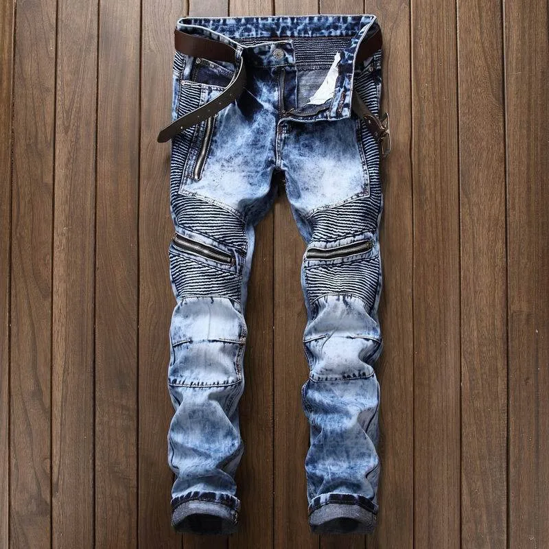 Брендовые Дизайнерские джинсовые брюки для мужчин плиссированные джинсы для байкеров брюки девочек 2019 Slim Fit прямые промывают мульти