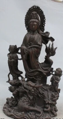 

RHS0197 18"Chinese Bronze Stand Dragon Kwan-yin Bodhisattva Goddess Tongzi Kid Sculpture