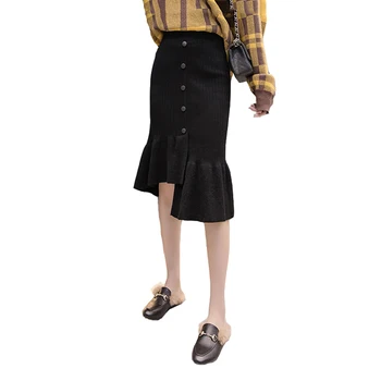 

Korean Style New Autumn Winter Women Long Ruffles Skirts Female Knitting Button Irregular Slim Casual Skirt Ladies Knit Skirt F5
