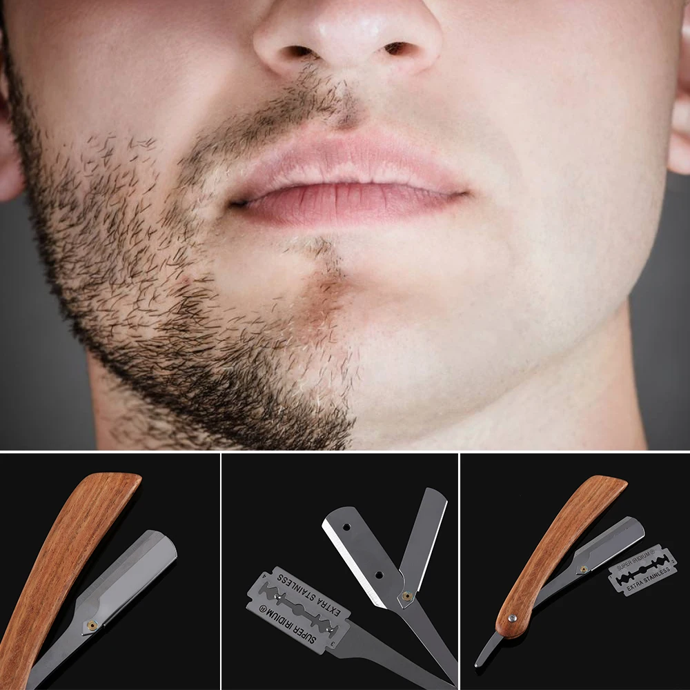 1 Набор, прямая Парикмахерская бритва, складной нож для бритья, усы, удаление волос на лице, мужские Инструменты для укладки волос с 10 лезвиями
