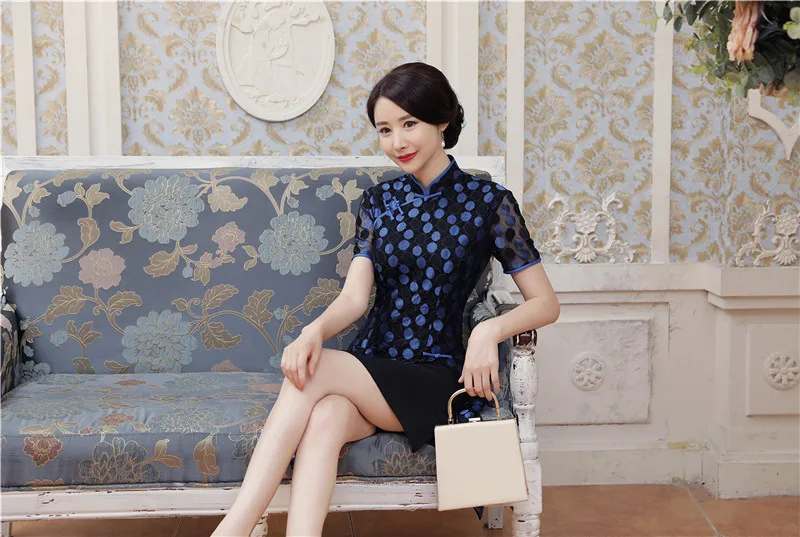Shanghai история кружева Aodai Вьетнам платье для Для женщин традиционные Костюмы аозай платья по колено Oriental платье синий Cheongsam