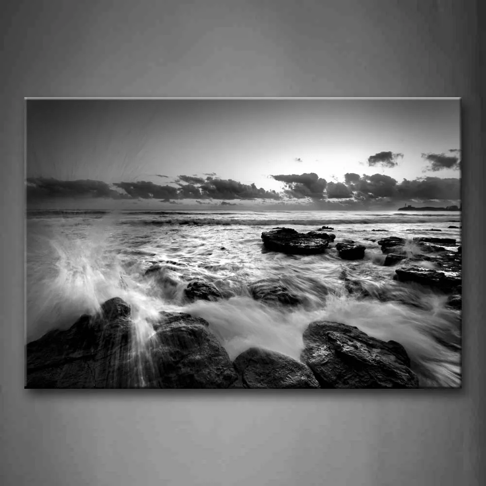 

Framed Wall Art Pictures Sea Wave Stone Canvas Print Seascape Modern Poster With Wooden Frame For Home Living Room Decor