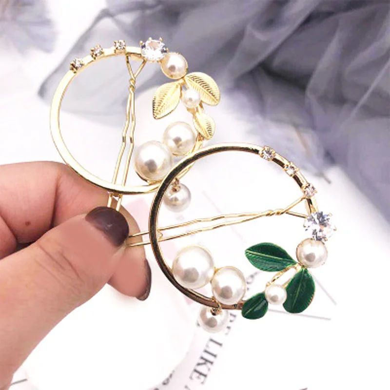 

2019 New Fashion Women Girls Gold/Green Leaf Metal Circle Moon Hair Clips Alloy Round Pearl Hairpins Holder Hair Accessories