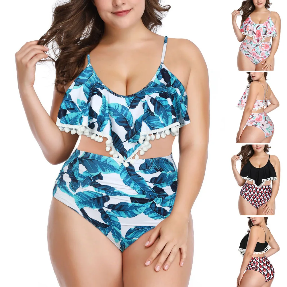 

Women Ruffle Hem Bikini Set Strap Tops High Waist Briefs Summer Beachwear Swimsuit Plus Size FG66