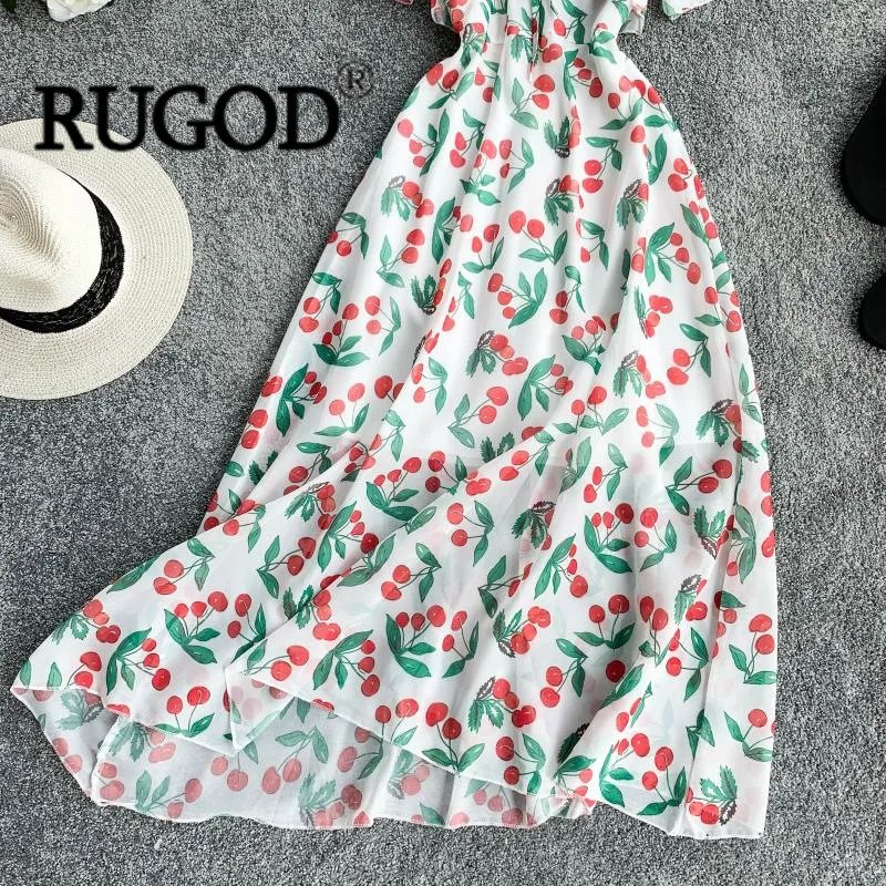 RUGOD Новый черешня Печатные шифоновое платье Для женщин мода лук воротник короткий рукав длинное платье-туника Vestidos летнее платье бохо