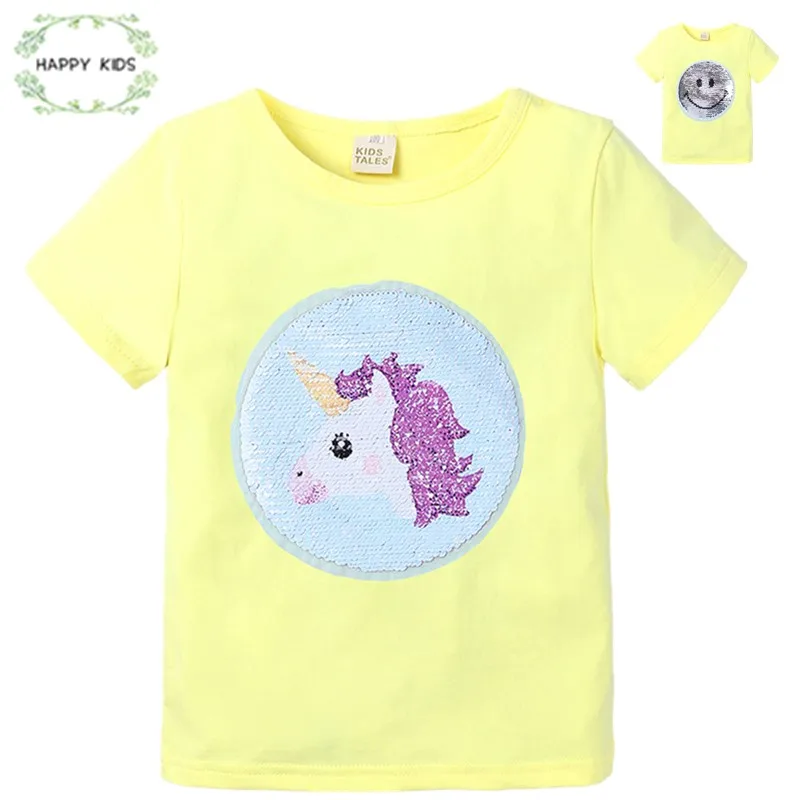 T-Shirts for Girls Sequin cartoon Kids Tshirt Sequin Double Sided Color Summer Teen Clothes for Girls 2-7 Year girls Tee Outwear