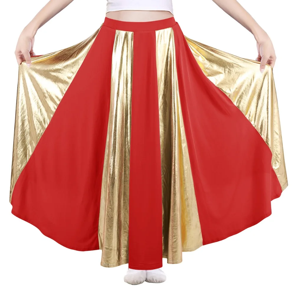 Women Adult Praise Dance Skirt Metallic Splice Pleated Big Swing Full Circle Ballet Skirt Latin