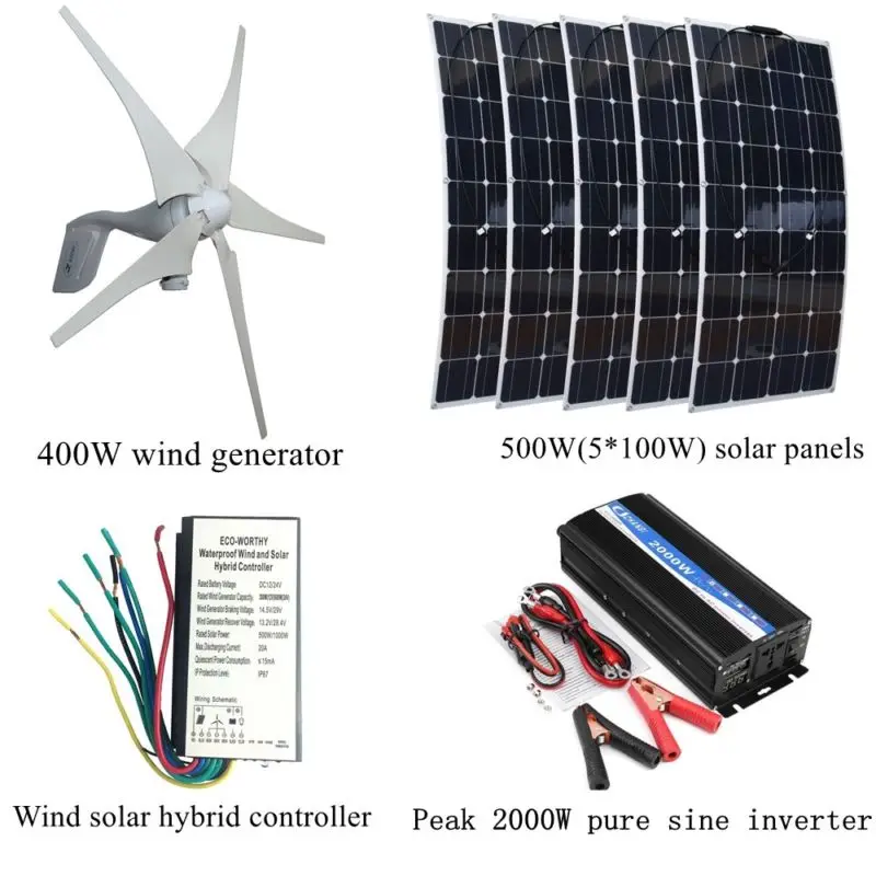 

400W Wind Generator +5*100W Solar Panels+Peak 2000W Inverter+12V/24V Controller Houseuse Wind Solar 900W Solar System