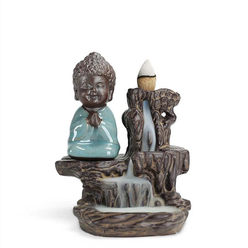 

Backflow Incense Burner Home Decor Ceramic Buddha Censer Little Monk Incense Holder + 20Pcs Incense Cones