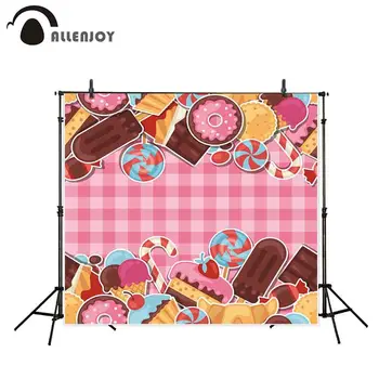 

Allenjoy backdrop for photographic studio colorful Ice cream donuts biscuit candy cakes background newborn candy bar photocall