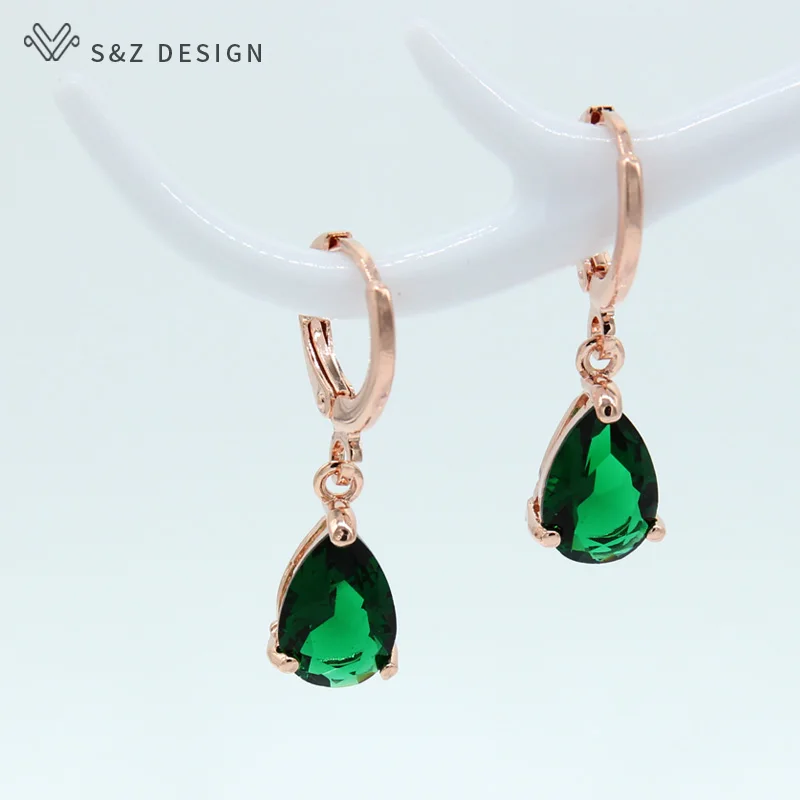 S&Z New 8 Color Zircon 585 Rose Gold Color Water Drop Earrings Korean For Women Fashion Jewelry - Окраска металла: Green