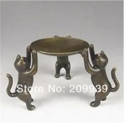 

huij 005334 Rare Decorated Handwork copper Carving 3 Plutus Cat The Candle Platform statue (A0314)