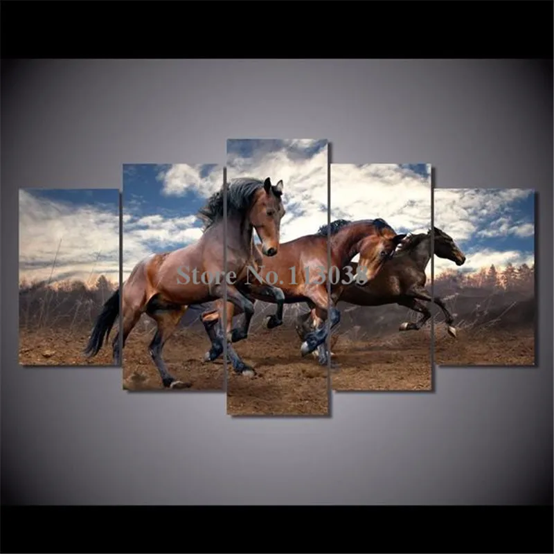 Hot Selling 5 Pieces Running Horses Printed Canvas Painting Living Room Wall Art Animal Pictures No Frame  Дом и