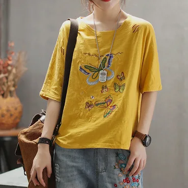 Harajuku Mori девушка лето вышитые Mid-sleeved T-shirt Женская свободная повседневная рубашка Новинка Женский футболки, туники, топы пальто