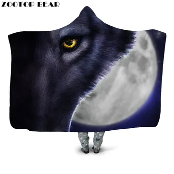 

Wolf Moon 3D Printed Plush Hooded Blanket Wearable DIY Fashion Mantle Home High Fleece Throw Casual Soft Office Bedding Adults