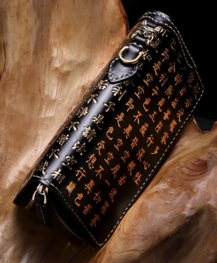 Prajna Für Pendant Geprägte leather Mann Reißverschlusstasche Lange brown Chinesischen Paramita metal Schwarzes Männer Kupplung Organizer Wristband Vollrindleder Große Geldbörse Designer Brieftasche 55pxwRO