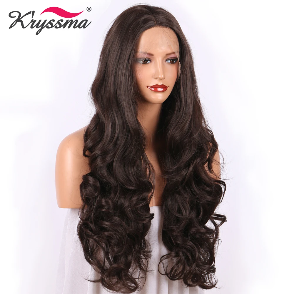 K'ryssma Dark Brown Synthetic Lace Front Wig Long Wavy Chestnut Wigs for Women With Baby Hair Glueless Natural Color Hair Wigs