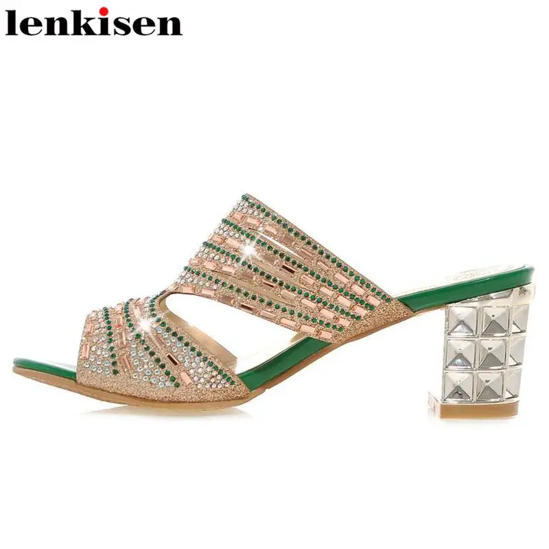

Lenkisen handmade large size pu shining string bead rivets solid mules slip on high heels travel party women daily sandals L11