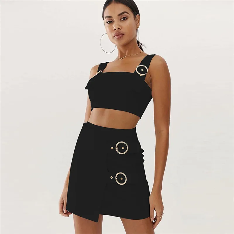 

2019 new women set crop top and skirts Buckle sexy summer women sets