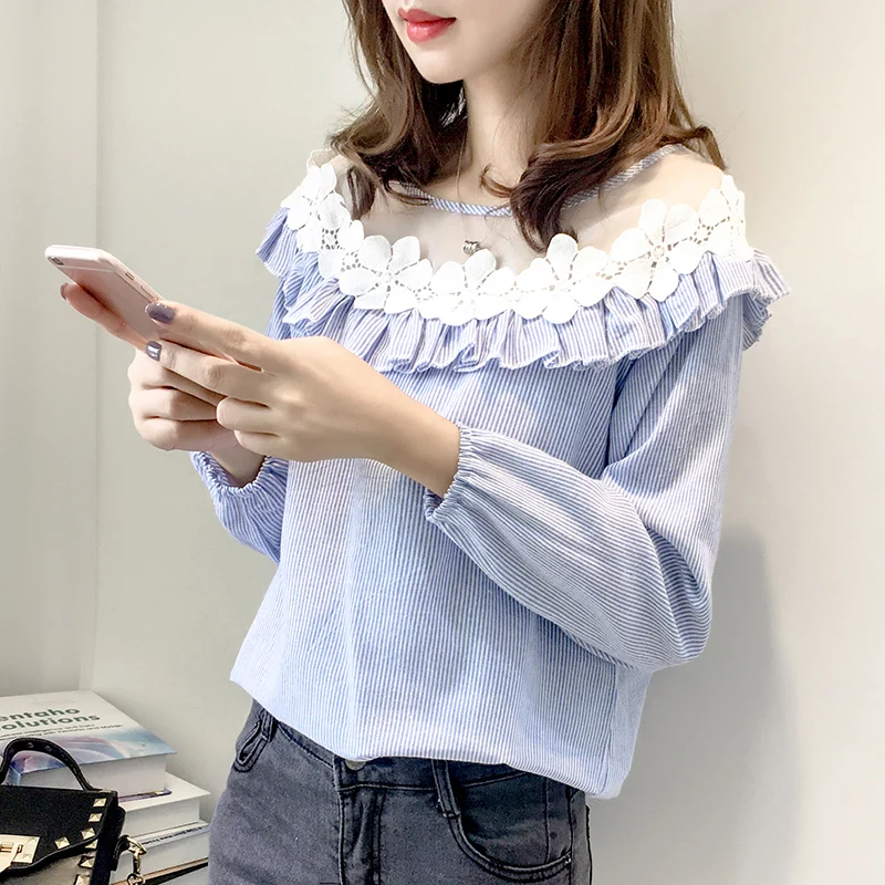 

2019 New Blue Striped Blouse Women Tops Fashion Ruffles Lace Patchwork Women Shirts Sweet O-neck Long Sleeve Shirt Blusas Mujer