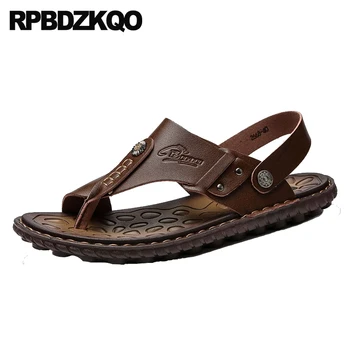 

Slides Waterproof Brown Water Slippers Runway Toe Loop Men Sandals Leather Summer Black Open Sneakers Slip On Blue Strap Shoes