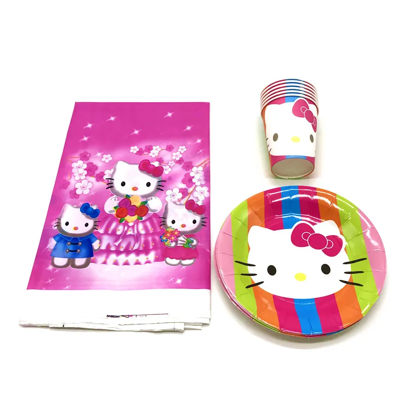

Pop Hello Kitty 25Pcs/Lot Disposable Paper Cup Plate Wedding Festival Tablecover Child Favors Birthday Party Decoration Supply