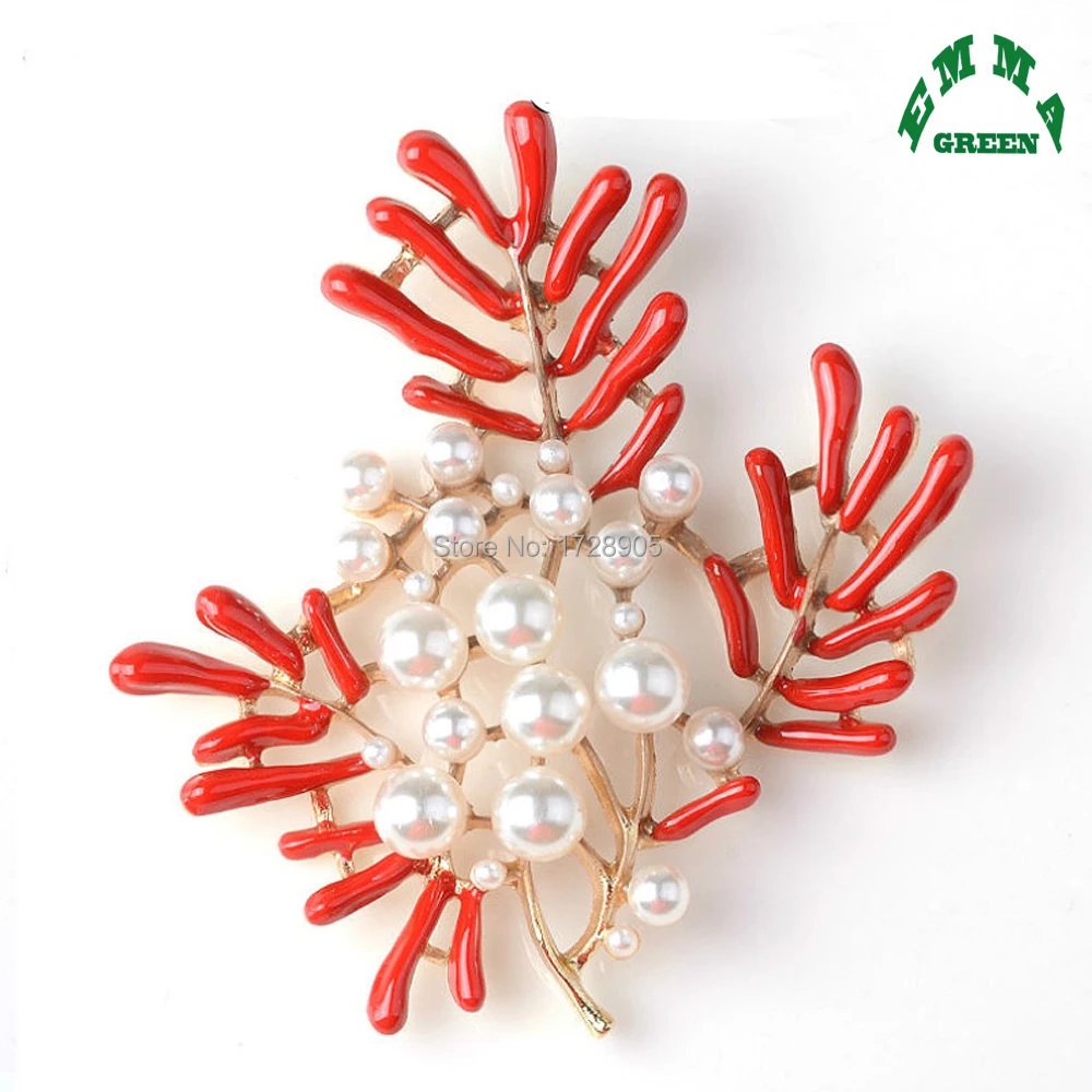 

Coral with white pearls red enameled 5pcs 60x56mm large Flatback Embellishment Brooch Ornament Diy Crafts Findings