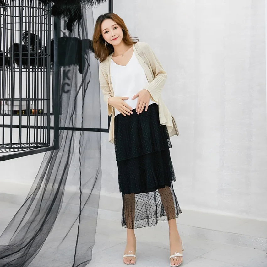 Новая летняя плиссированная многослойная юбка для беременных женщин с высокой талией сетчатая юбка для беременных женщин корейская мода юбка для беременных