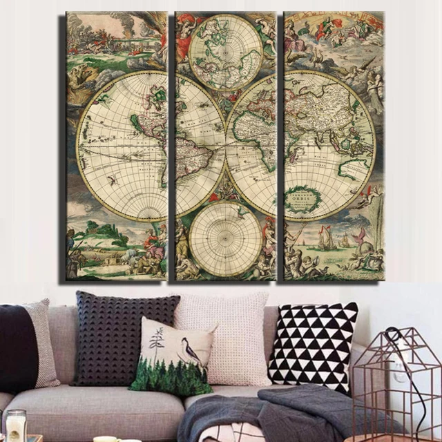vintage world map large canvas painting print unframed 3 panel canvas art antique wall map decor