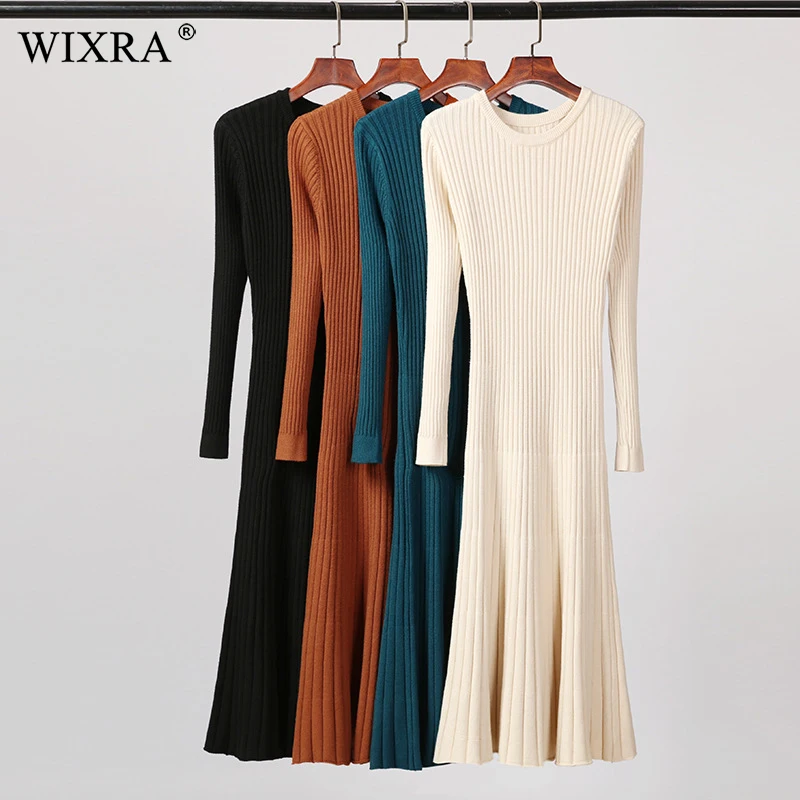 

Wixra New 2019 Winter Spring Womens Clothing O Neck Long Sweater Dress Basic Long Sleeve Solid Dresses
